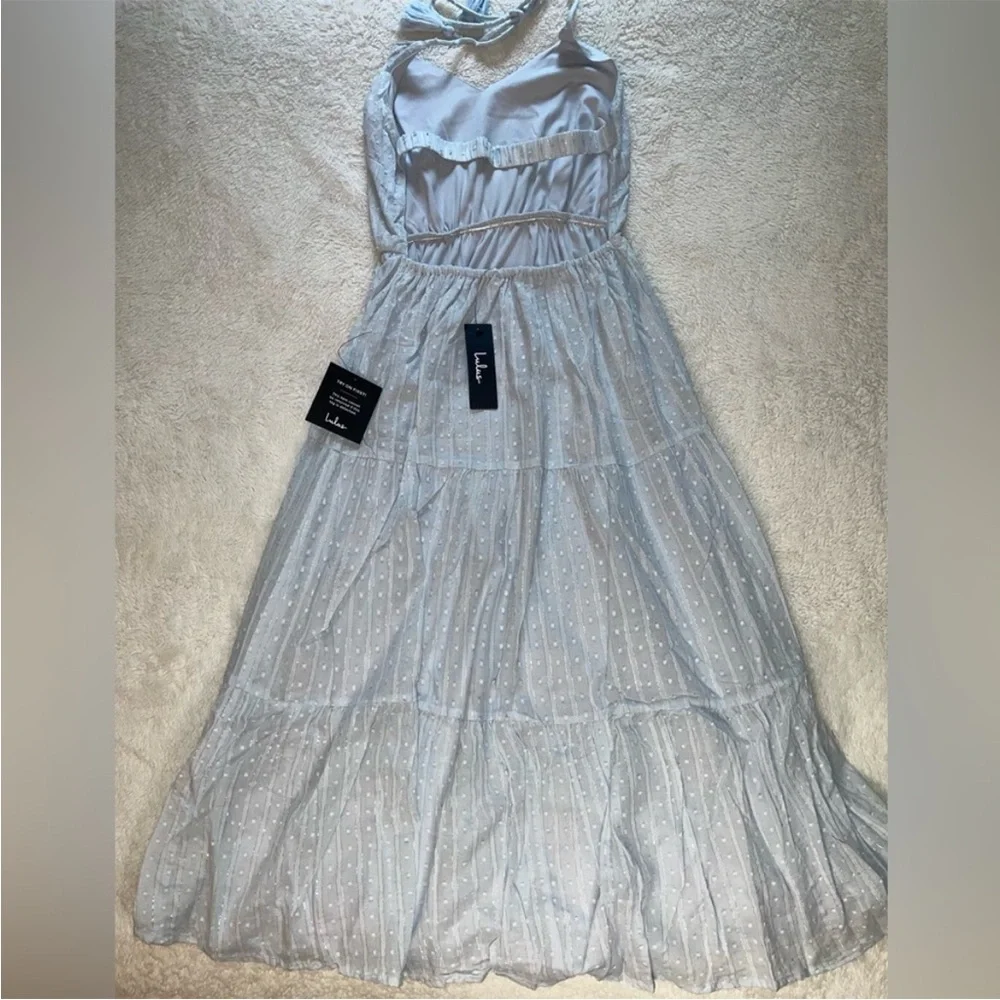 Lulus Sunny Reverie Light Blue Swiss Dot Lurex Halter Midi Dress - Picture 8 of 9